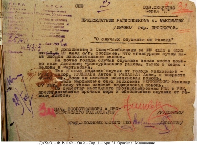 окумент з фонду Держархіву Хмельницької області. Доклад з грифом "цілком таємно" голові Проскурівського райвиконкому про випадки опухання населення від голоду 