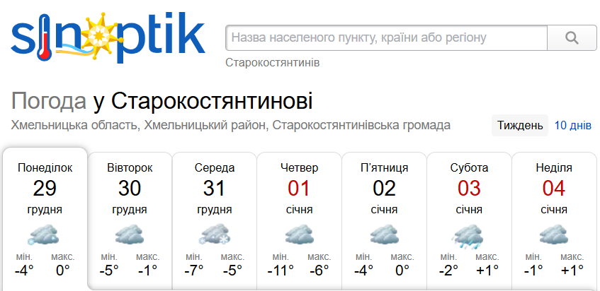 Погода у Старокостянтинові на 29 грудня-4 січня: зима набирає обертів — яким буде Новий рік