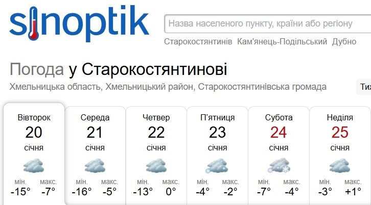Погода у Старокостянтинові на 20-25 січня: морози ще тримаються, але потепління вже близько