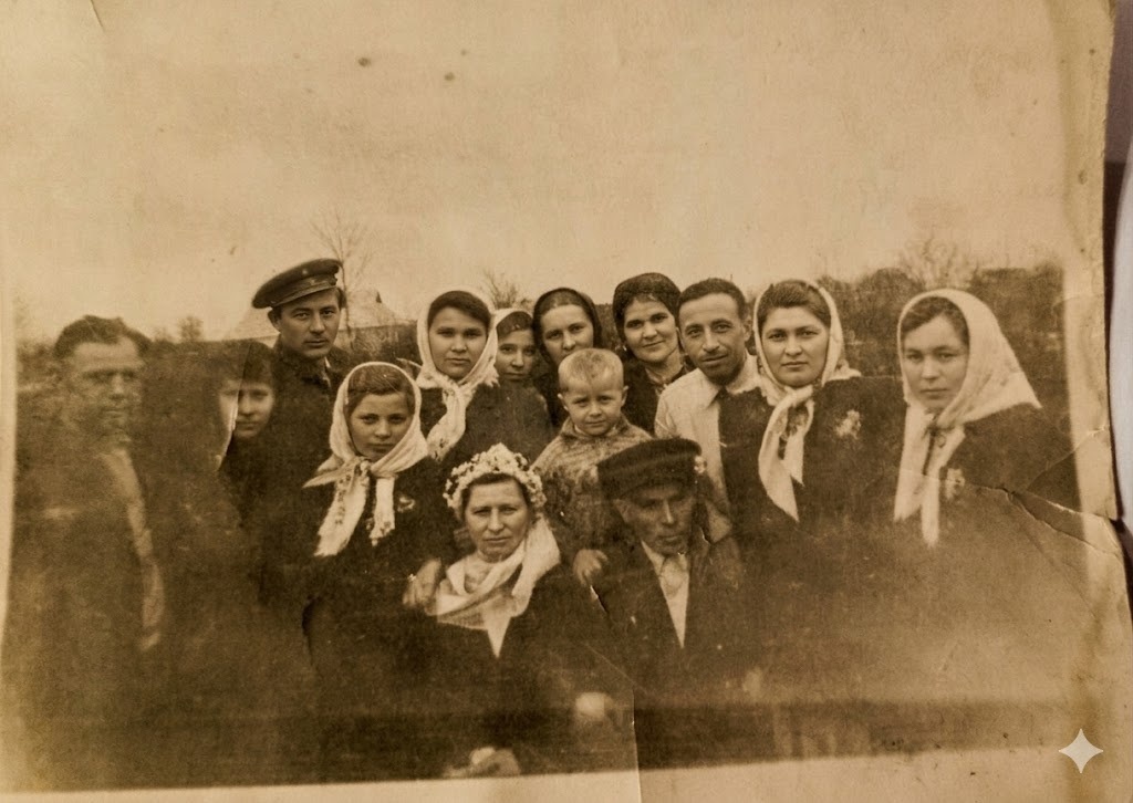 На світлині зображені подружня пара Герасимчук Іван Михайлович, 1933 р.н.  та Герасимчук  Надія Діївна, 1930 р.н., рідні та друзі новоствореної родини.У 1917 році в село Зеленці переїхала родина з Ізяслава: мама, 2 сини і 3 доньки. Сільської роботи робити не вміли зовсім, але хлопці добре ремонтували взуття, а мати з дівчатами добре шили. Під час колективізації усіх загнали у колгосп, лише одна донька Маня, яка мала інвалідність, продовжувала шити для односельців. Хоча в селі майже кожна жінка шила чи в ручну, чи на швейній машинці, весільну сукню мала пошити тьотя Маня. Це була своєрідна традиція. І сукню Надії також  на весілля пошила тьотя Маня. Тканину (штапель) для сукні, за її словами виміняли у єврея на ринку м.Шепетівка за півня та копу яєць, вона була світло-рожевого кольору. Гудзики купили в м.Старокостянтинів, у військового за 1 літр домашньої сметани. У дівчат було два весільних вінки: суботній та недільний. Суботній весільний вінок був кольоровим: квіти робили із кольорової стружки, додаючи зелень барвінку. До вінка кріпили різнобарвні стрічки (бинди, як тоді називали). У такому вінку запрошували на весілля. На фото  - недільний вінок: білий із парафінових квітів, його кріпили до вельона з марлі, або до фати. Надія Діївна свій вельон і віночок зробила сама. Вельона обвивали навколо шиї молодої, така була традиція на той час, чому саме так, дотепер не відомо, але сам факт ми можемо бачити на світлині. 